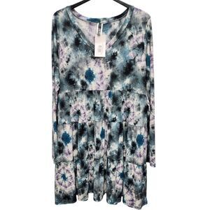 Glitzy Girlz Tie Dye Tiered Dress Womens 2XL Teal Purple Long Sleeves V-Neck